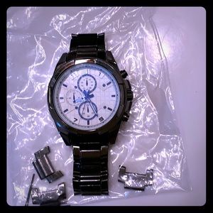 Gun metal grey, white with blue accents watch